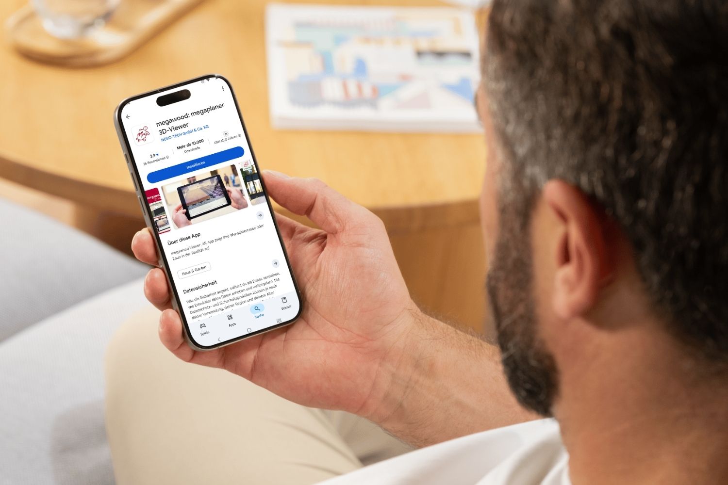 Download der megawood App zur Terrassenansicht